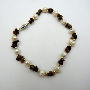 Fresh Water Pearl & Tiger Eye 10.5" Anklet Gold Tone Spacer Beads & Clasp
